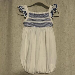 Ralph Lauren White and Blue Smocked Baby Bubble Romper, 12M